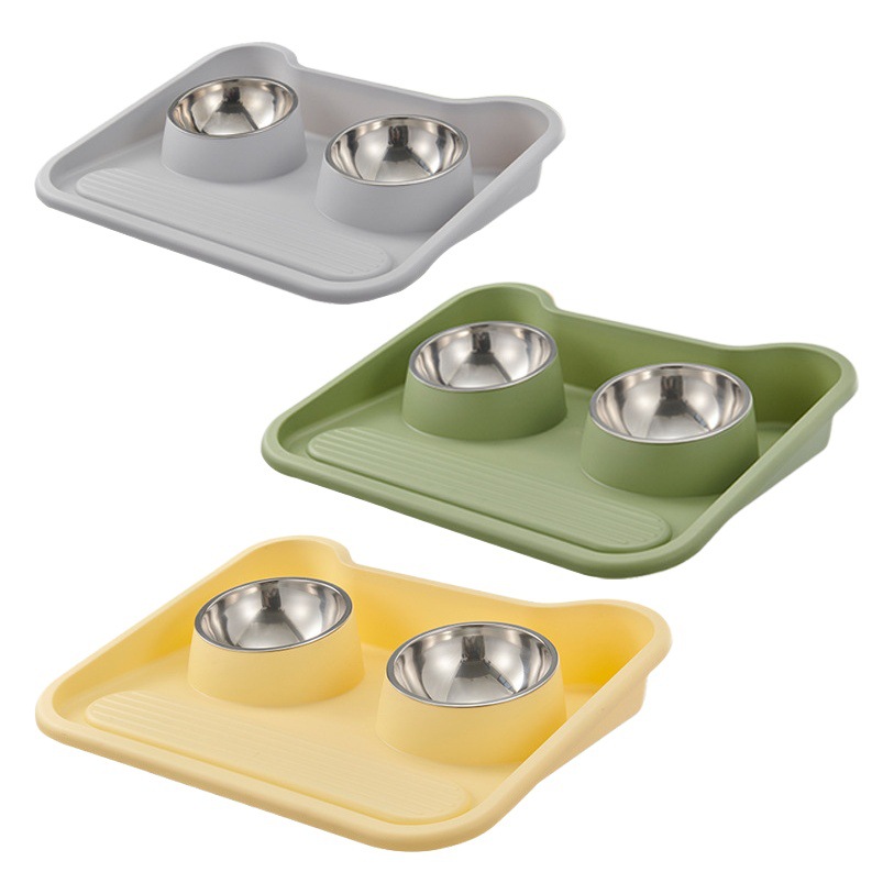 Gato y perro conjunto de alimentos protección contra el cuello oblicuo a prueba de fugas doble tazón de alimentos conjunto de plástico de acero inoxidable placa de mascotas
