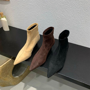 2024 autumn and winter new pointed elastic thin fashion comfortable thin heel comfortable feet suede short boots women wholesale