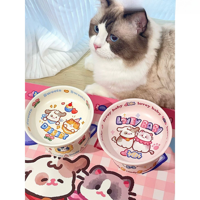 かわいい漫画の高温耐性、拭いてきれいに、転倒防止、頚椎を保護するセラミック製の背の高いペット猫ボウル|undefined