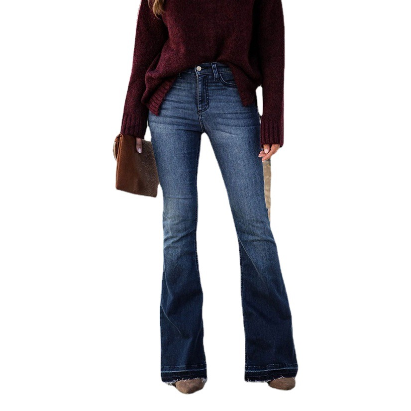 Venta directa de fábrica, jeans de mujer para comercio exterior transfronterizo europeo y americano 2025, pantalones acampanados de cintura alta, elásticos, ajustados y deshilachados a la moda. image 1