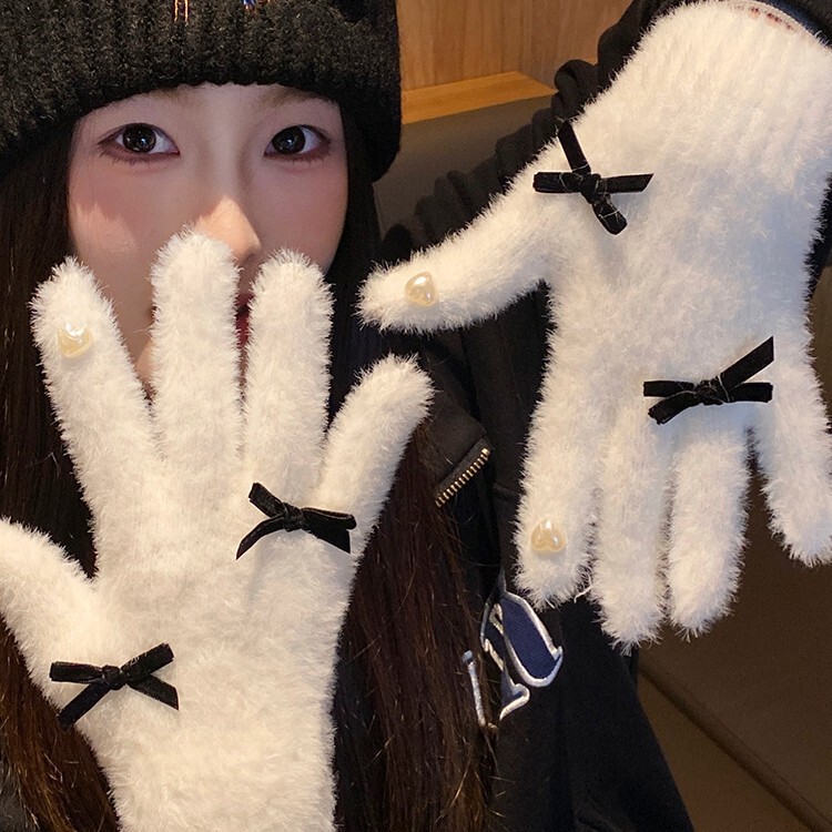 可爱白色针织毛绒手套女2025年冬季分指加厚加绒保暖防寒防风骑行|undefined