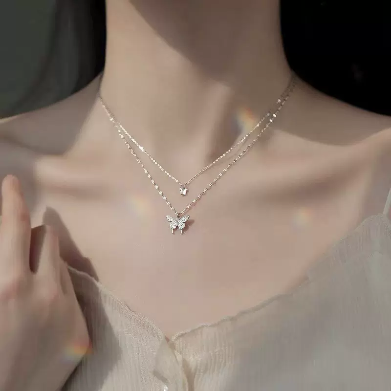 双层蝴蝶项链女ins轻奢锁骨链小众设计感颈链2024新款潮吊坠饰品