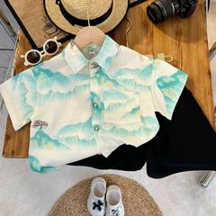 男童夏季潮2024新款休閒透氣印花千里江山中大童親膚短袖翻領襯衫