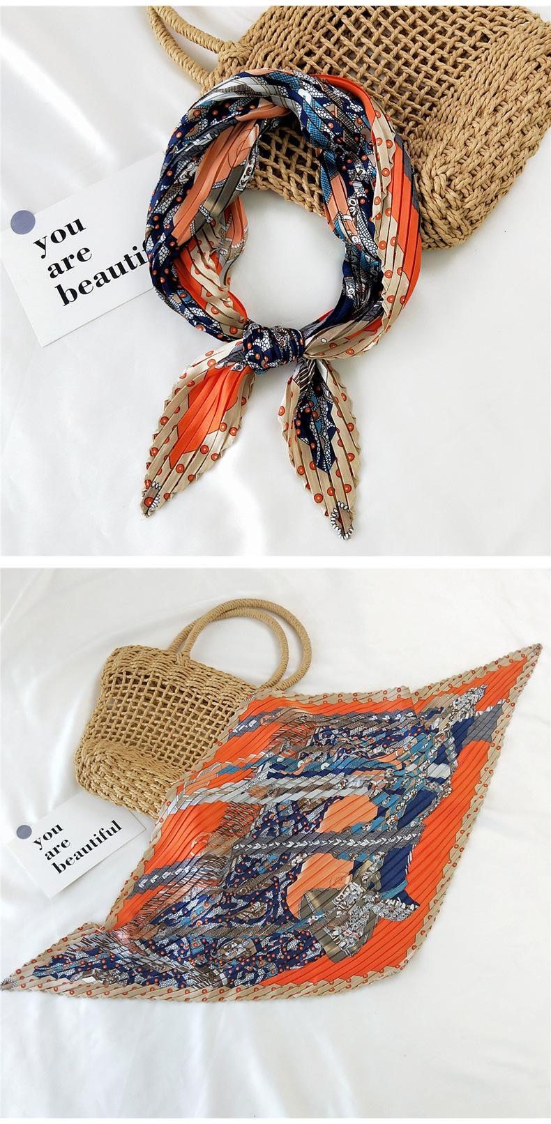 45g Weight Silk Scarf Classification Travel Occasion Silk Material Unisex Gender Sweet Style Khaki, Grey, White, Red, Green, Blue, Yellow, Black Color Korean Pleated Silk Square Scarf 7
