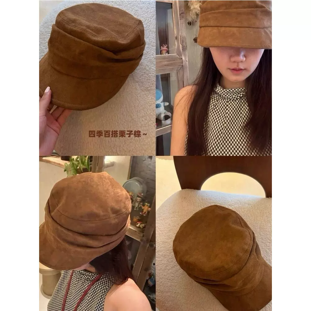 出口韩国设计款麂皮绒气质百搭大头围鸭舌帽女秋季褶皱报童帽帽子