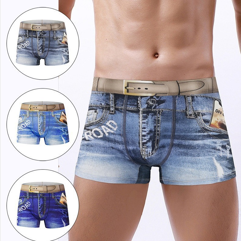 Boxer da uomo alla moda con stampa effetto denim, vita media, intimo sexy con cintura e design 3D._voghion.com