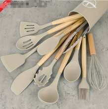 爆款白色卡其色收纳桶木柄硅胶厨具12件套厨房用具烹饪套装