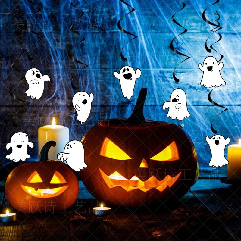 Suministro directo de fábrica de carteles en espiral de bandera de halloween, adornos en espiral de decoración de fiesta de halloween de flores fantasma