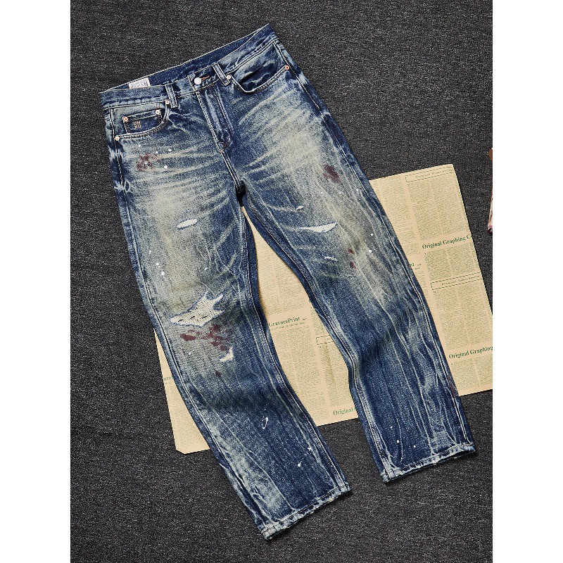 ​​Men's Premium Heavyweight Vintage Jeans – Streetwear Distressed Washed Denim Pants, Relaxed Straight-Leg Fit, Light Blue​​_mkmklike.com