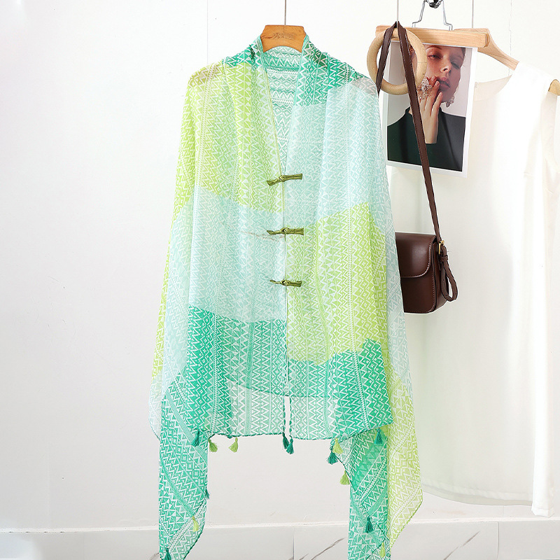 Chal de verano con falda, estampado de verano, nuevo estilo chino, bufanda de seda con hebilla, chal de protección solar, chaleco pequeño