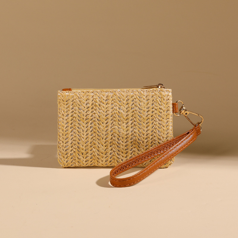 Mini monedero tejido de paja de color sólido transfronterizo, billetera corta de muñeca para mujer, bolso tejido de paja para mujer casual de verano, doble propósito