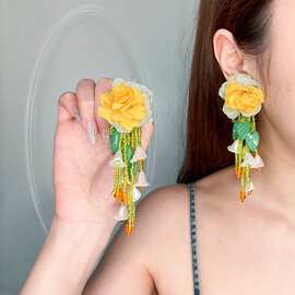 银针森系花朵流苏绿叶耳环新款百搭少女感耳钉气质优雅度假风耳饰