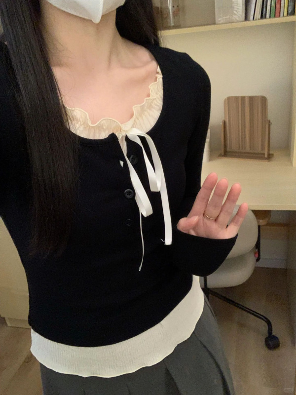 秋装假两件内搭打底衫女2024早春芭蕾风纯欲长袖上衣修身别致T恤|undefined
