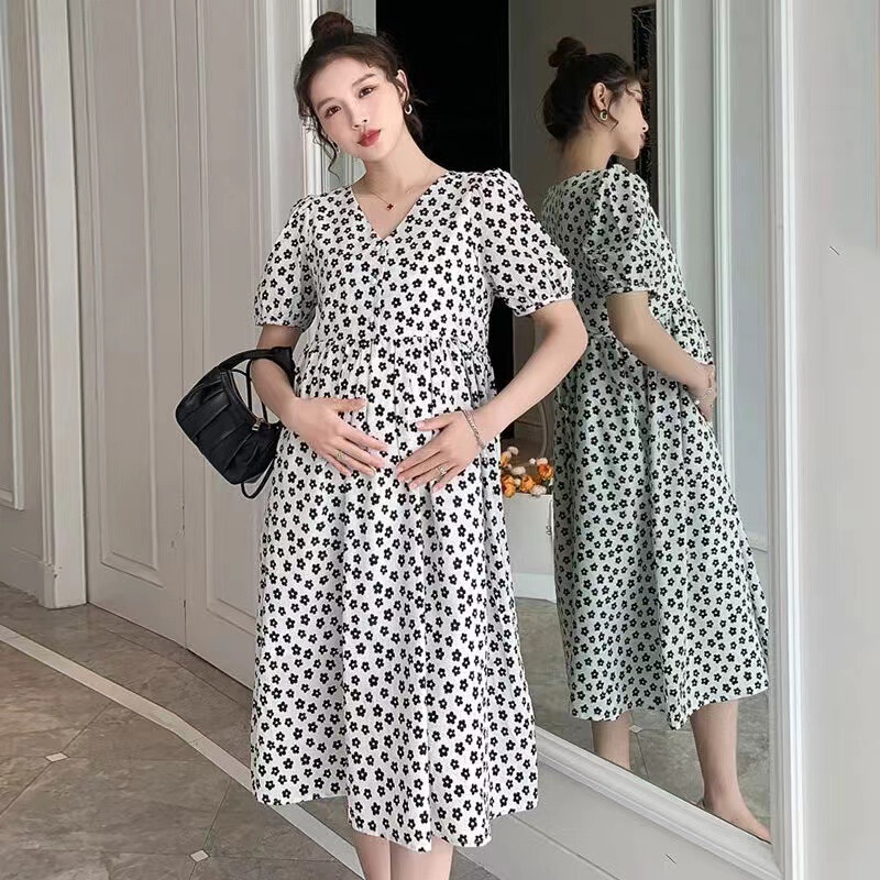 [Customized] Maternity Wear, Summer Dress, Fashionable and Elegant V-Neck Nursing Floral Dress, Loose Mid-Length Dress for Going Out in Summer