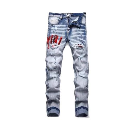 Fashionable and Personalized Casual New Slim Straight-Stitch Denim Jeans with Patchwork, Distressed and Embroidered Design for Men
