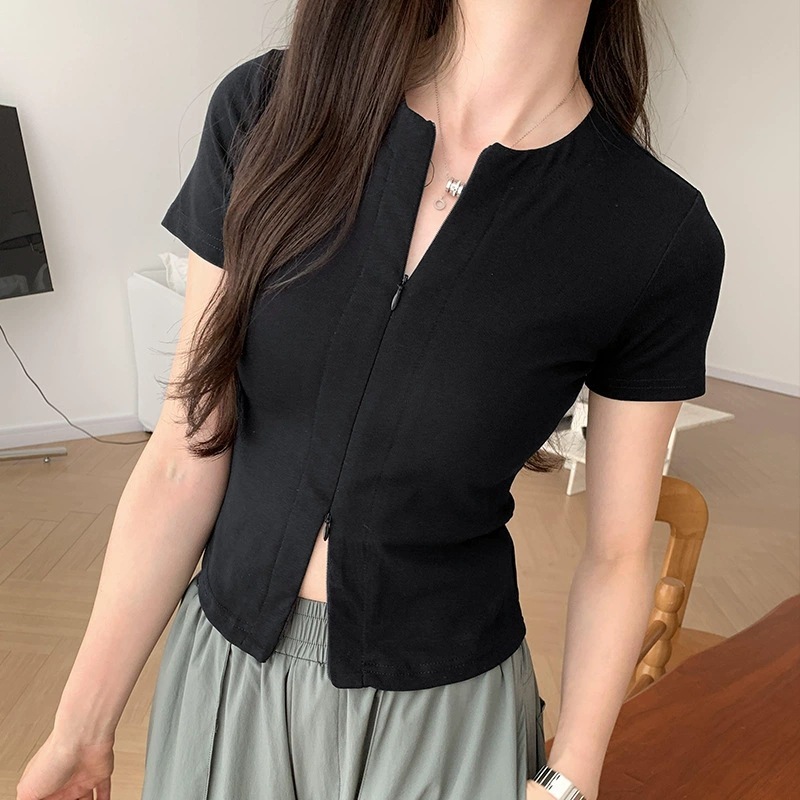 美式辣妹双头拉链设计感正肩短袖开衫T恤女夏季修身显瘦短款上衣|undefined