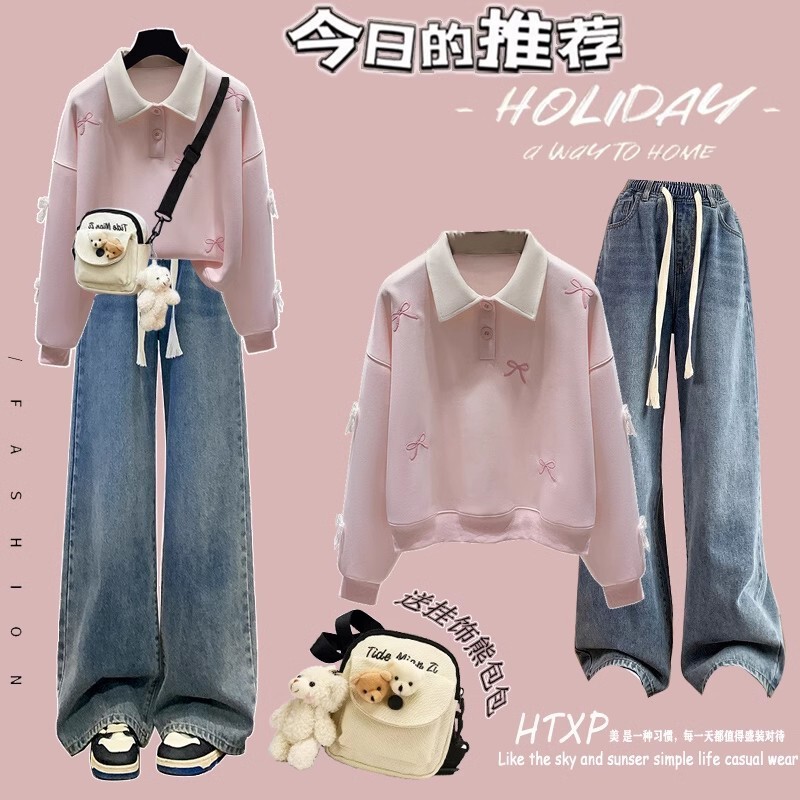 Junior high school students spring dress girl foreign style suit Senior high school students gentle with a set of loose sweater jeans