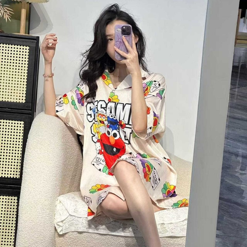 时尚大码卡通睡裙女冰雪丝睡衣夏季新款高级感中长款家居服可外穿|undefined