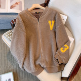 120-350斤大码女装胖mm仿羊羔毛颗粒绒休闲毛绒外套2025秋冬新款，女装短外套，变形策服饰
