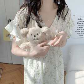 2026夏季新款甜美碎花V领喇叭袖短袖连衣裙舒适纯棉睡裙家居服女