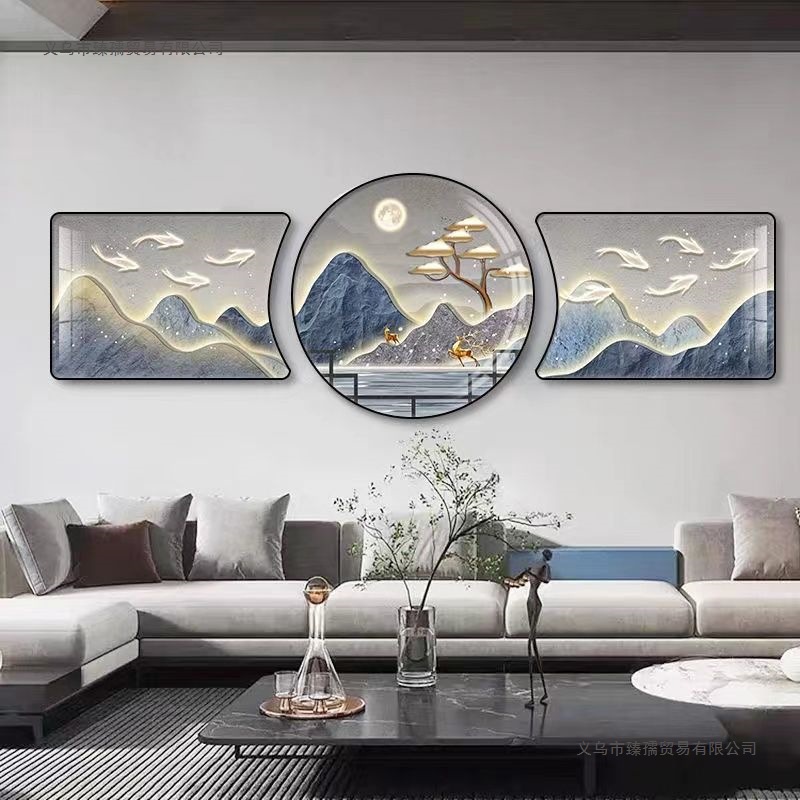 新款装饰画沙发背景墙山水挂画新中式轻奢现代简约镶钻画圆角壁画