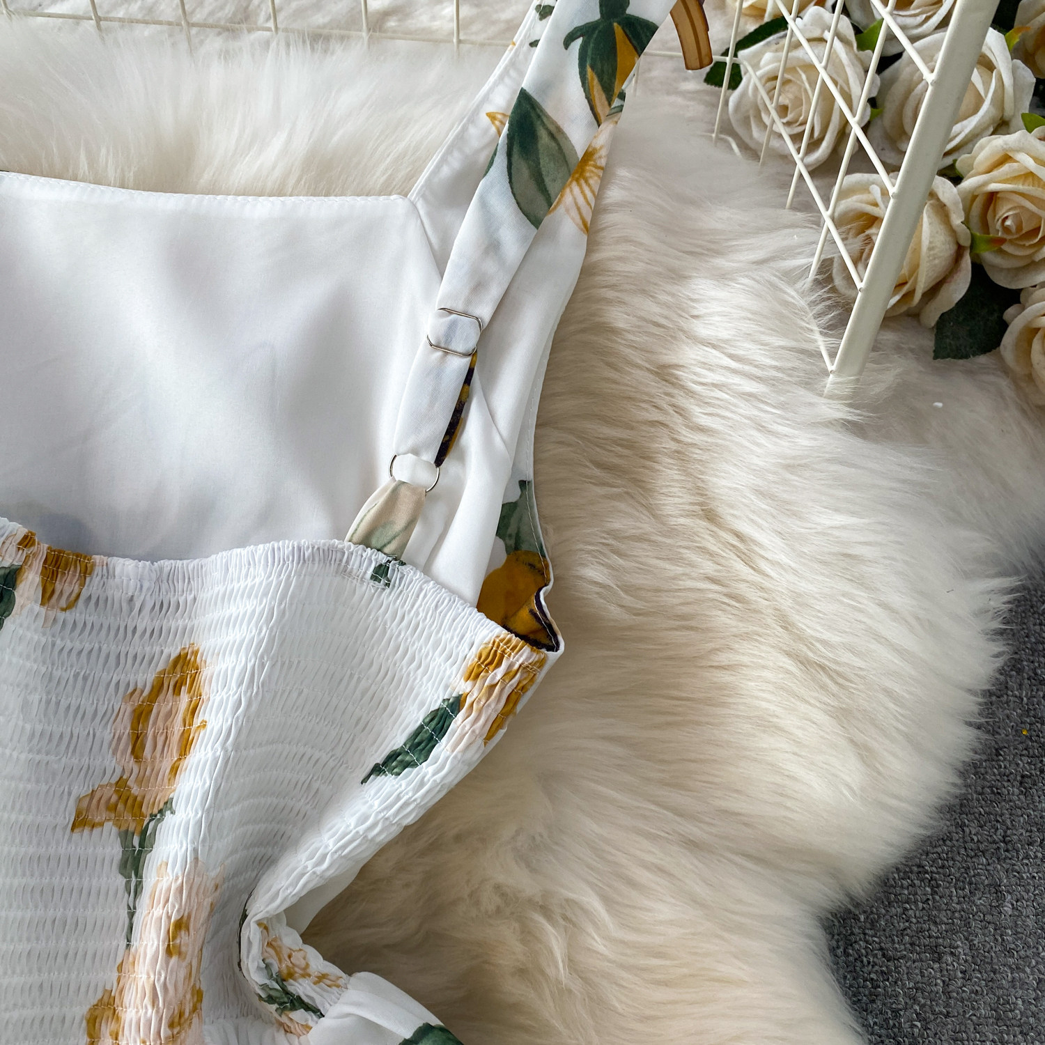Romantic Floral Print Square Neck Dress European American Style Summer Suspender High Waist Cinching Slimming Full Skirt Women's Clothing_ecoleips.com