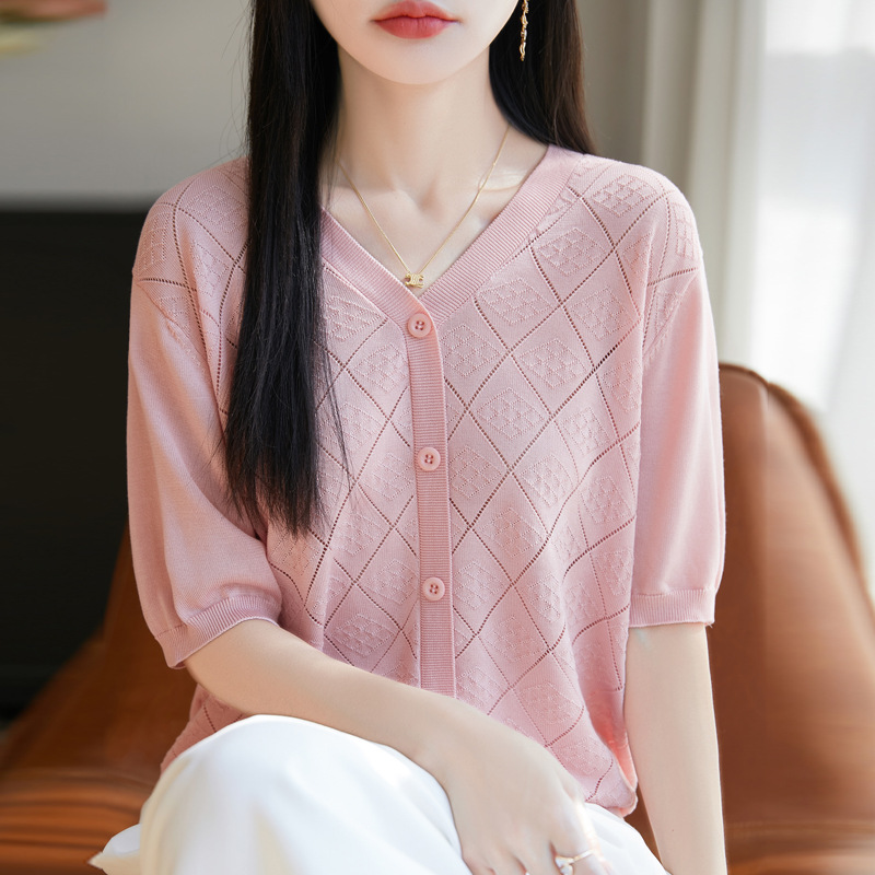 26 New Summer Style V-Neck Knitted Short-Sleeved Cardigan for Women, Diamond-Shaped Cut Out Loose Jacket, Fashionable and Versatile Top