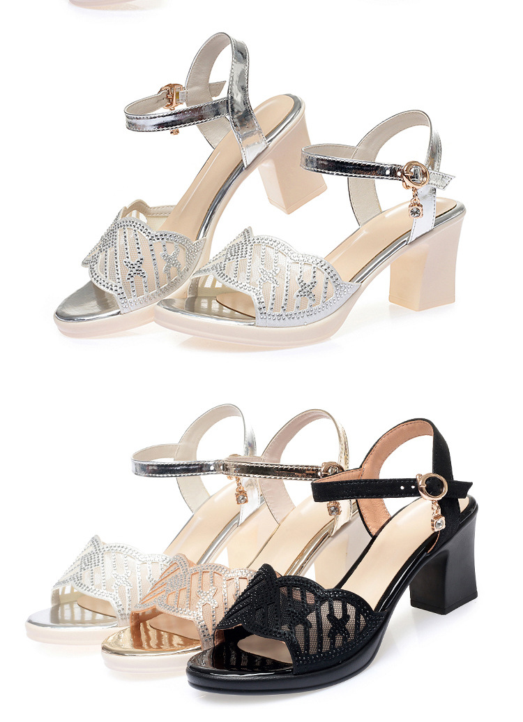 Sandal cao gót nữ hở mũi quai ngang đính đá rhinestone da thật — Màu đen chi tiết 17