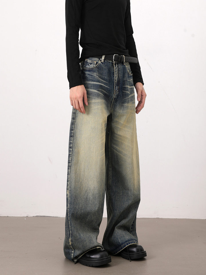 Quần jeans nam dáng rộng ống đứng phong cách retro Mỹ, giặt mài làm cũ — Màu xanh dương