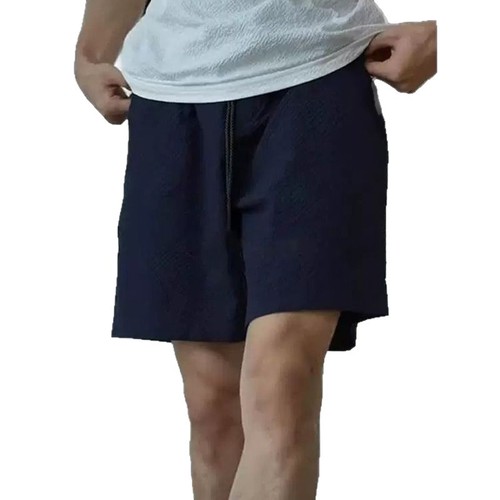 Navy blue bubble yarn 4-point shorts men's summer thin American quick-drying sweatpants but knee straight-leg medium pants