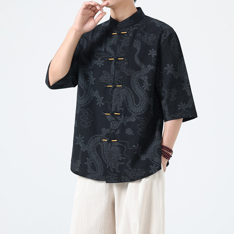 2026 Summer New Men's Retro Trendy Shirt with Five-Quarter Sleeves, Printed Stand Collar, Chinese Style