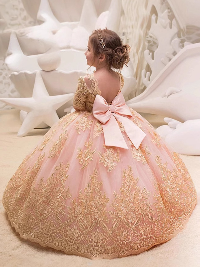 Vestido de niña para bodas transfronterizo, vestido de princesa hinchado de manga media con encaje para cumpleaños y actuaciones infantiles, vestido largo.