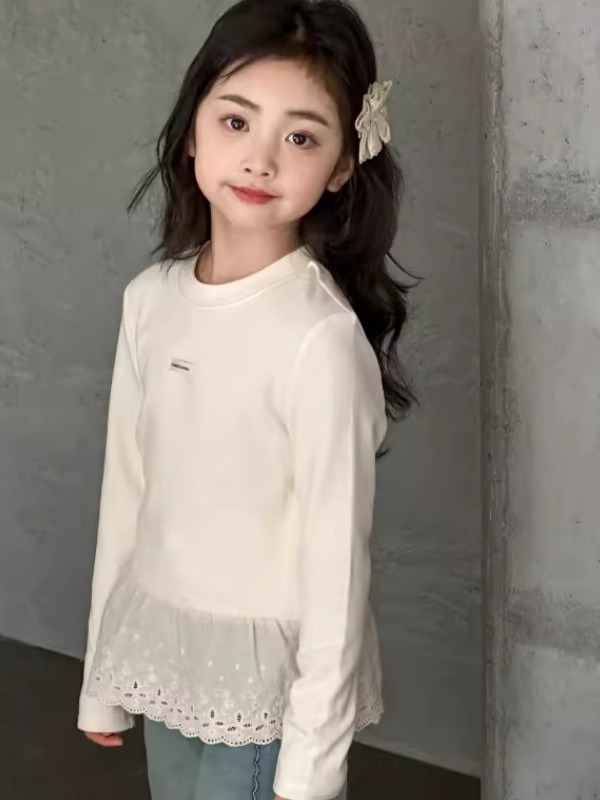小红鱼女童长袖T恤2025秋装新款秋季拼接花边纯棉上衣儿童打底衫|undefined