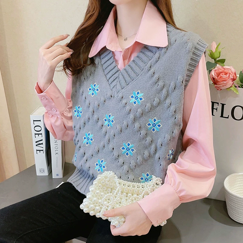 Женский свитер 2023 новый жилет без рукавов с вышивкой растений в Корейском стиле