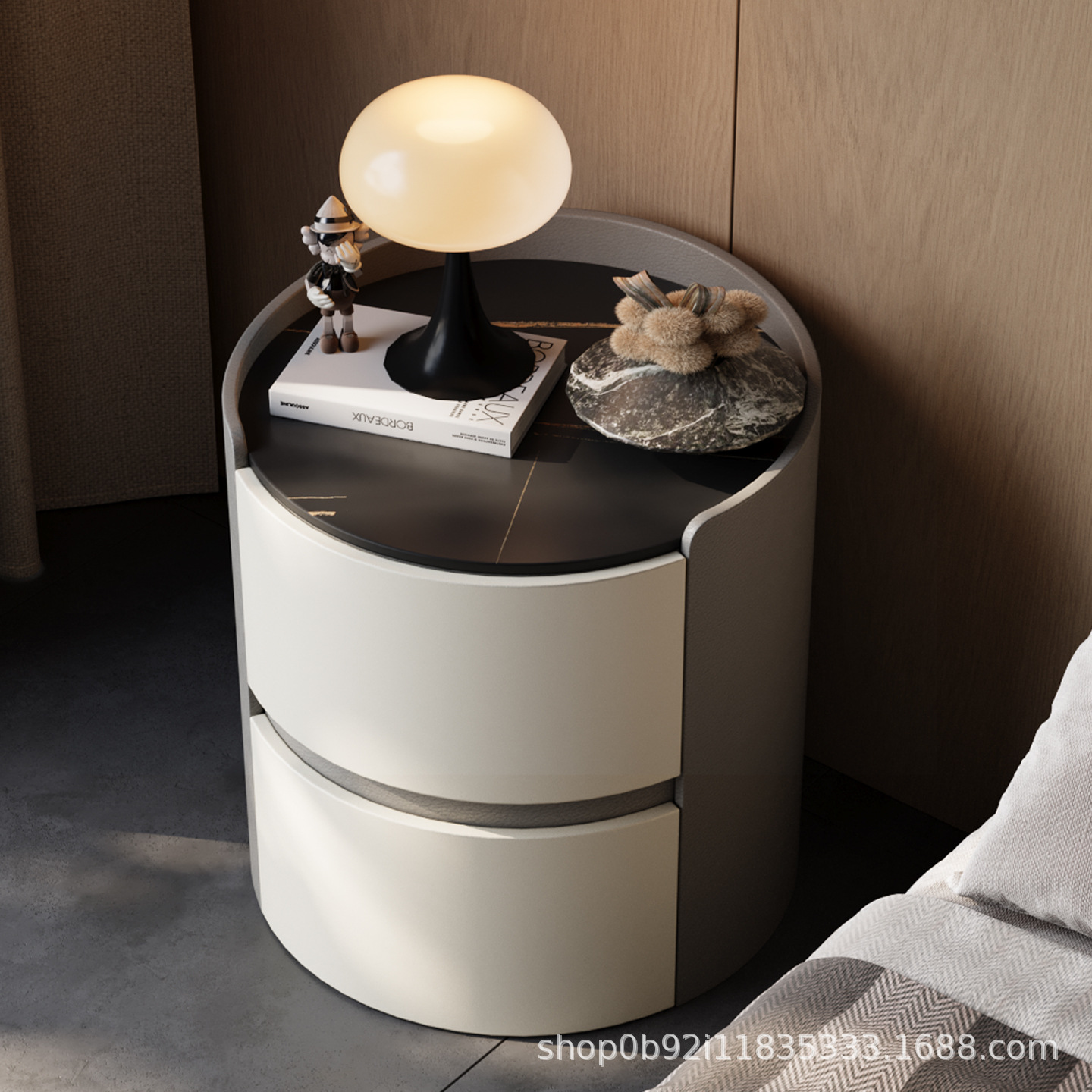 Italian Slate Solid Wood Round Bedside Table Light Luxury High-End Storage Cabinet Simple Home Bedroom Installation-Free Bedside Table