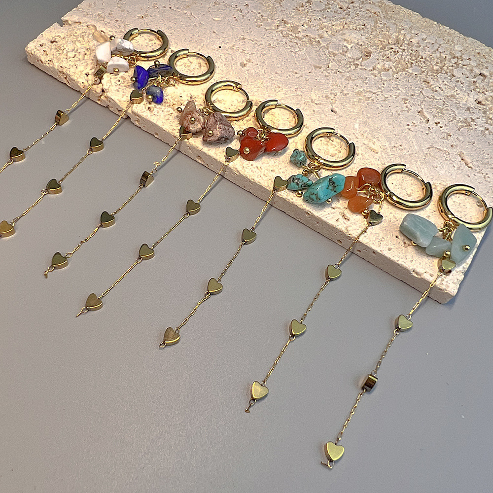 Drop Earrings Classification 1 Piece Bohemian Tassel Heart Shape Stainless Steel Natural Stone Drop Earrings