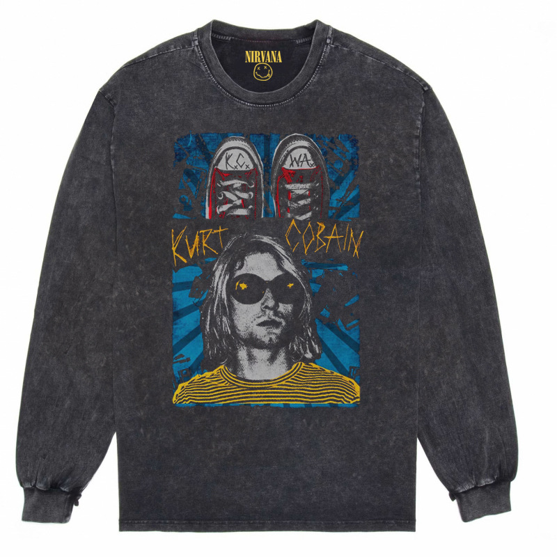 Nirvana Vintage American retro apenado rock punk angustiado lavado batik Camiseta de manga larga