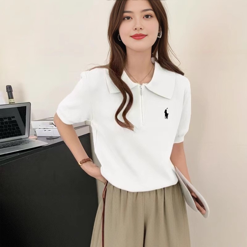 春夏韓国風ラペル半袖シャツ女性用夏薄手刺繍ファッション通気性痩身万能ニットトップ|undefined