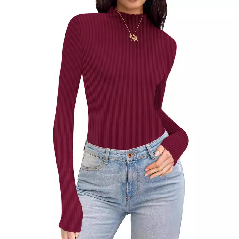 Turtleneck Shirt Women's Pleated Rib Long-Sleeved Crewneck Top Slim-Fit Lettuce Trim Base Shirt Turtleneck Shirt Women's Pleated Rib Long-Sleeved Crewneck Top Slim-Fit Lettuce Trim Base Shirt