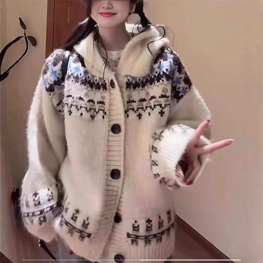 费尔岛毛衣女2025秋冬新款厚连帽针织开衫女宽松提花针织毛衣上衣