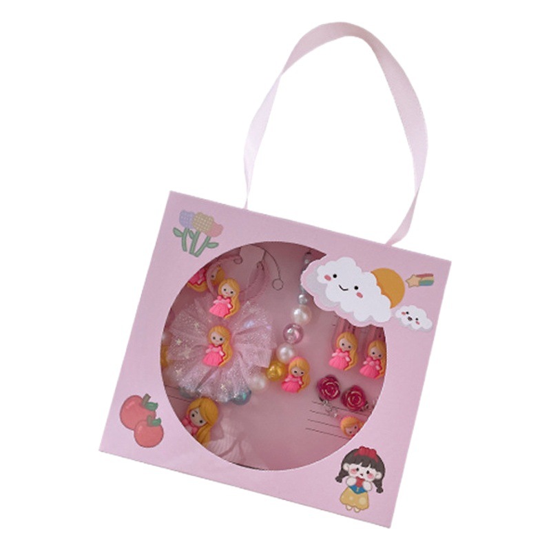 Children's jewelry gift box set little girl hair jewelry birthday gift Princess necklace earrings portable box wholesale