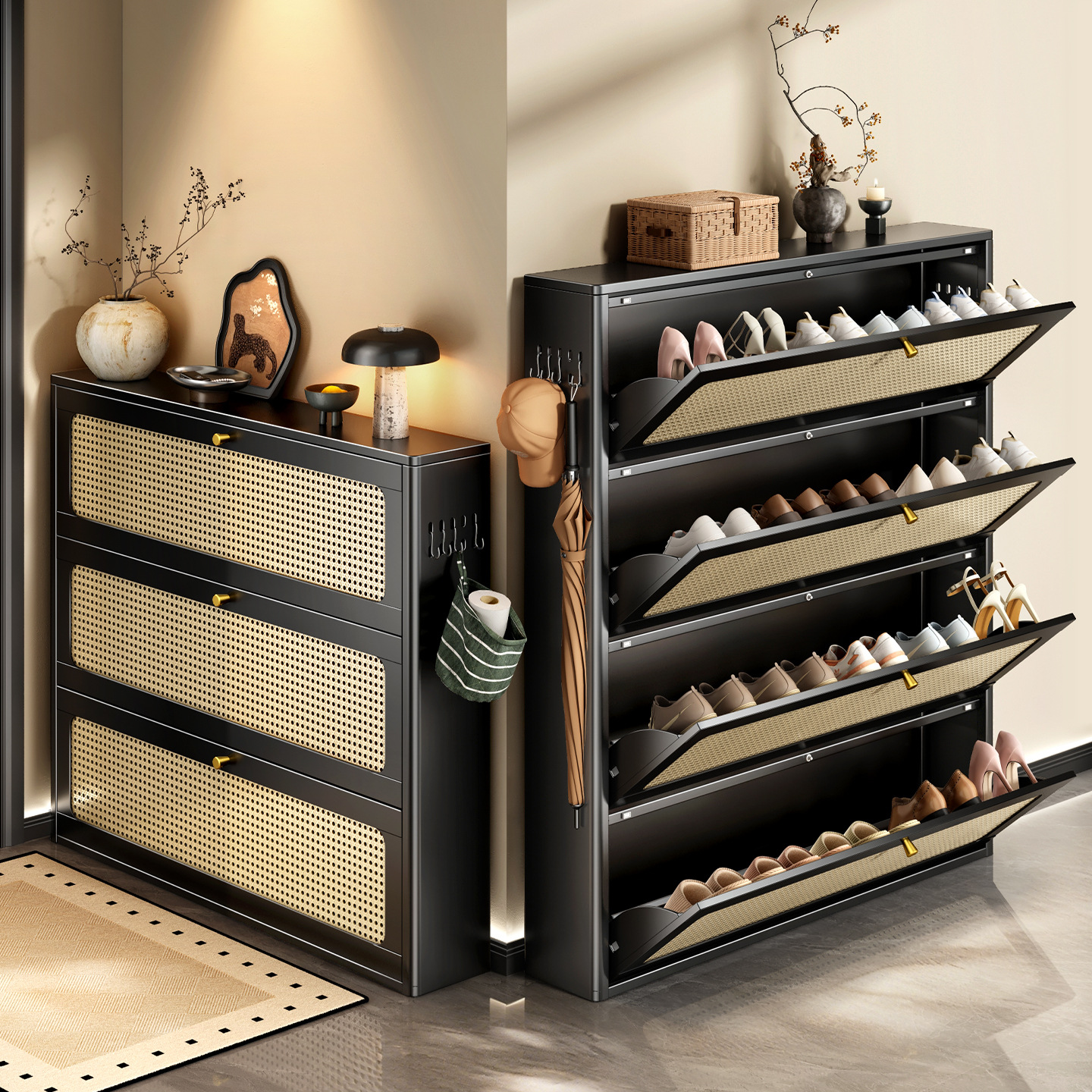 Ultra-Thin Flip-Up Shoe Cabinet for Entrance, Narrow Gap Steel Storage Cabinet for Home Entrance, Integrated Wall-Mounted Storage Solution