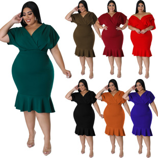 MY981 European and American Fashion Large Size Women's 2022 Summer New Distinctive V-Neck Solid Color Hip Dress Dress in Stock