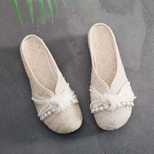 2025 Summer Slippers for Women, Old Beijing Cloth Shoes, Ethnic Style Linen Flats for Women, Baotou Fairy Style Half Slippers for Women
