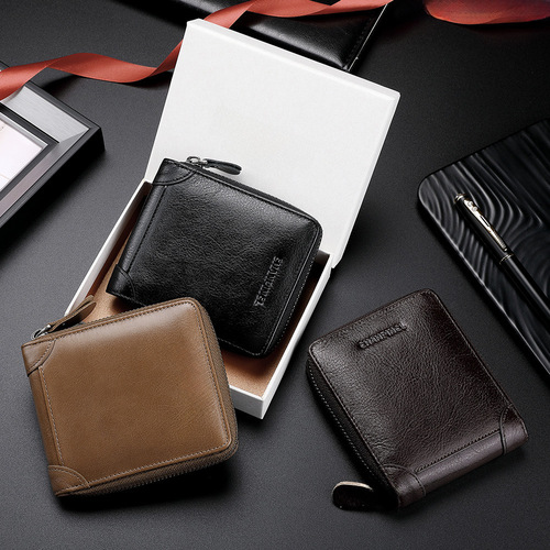 Cross-border dropshipping C-brand box-style men's wallet head layer cowhide coin purse zipper money clip horizontal multi-functional money clip