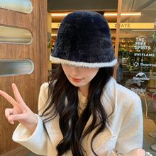 秋冬水貂绒双色水桶帽女韩版仿貂绒针织水桶帽显脸小毛绒保暖盆帽