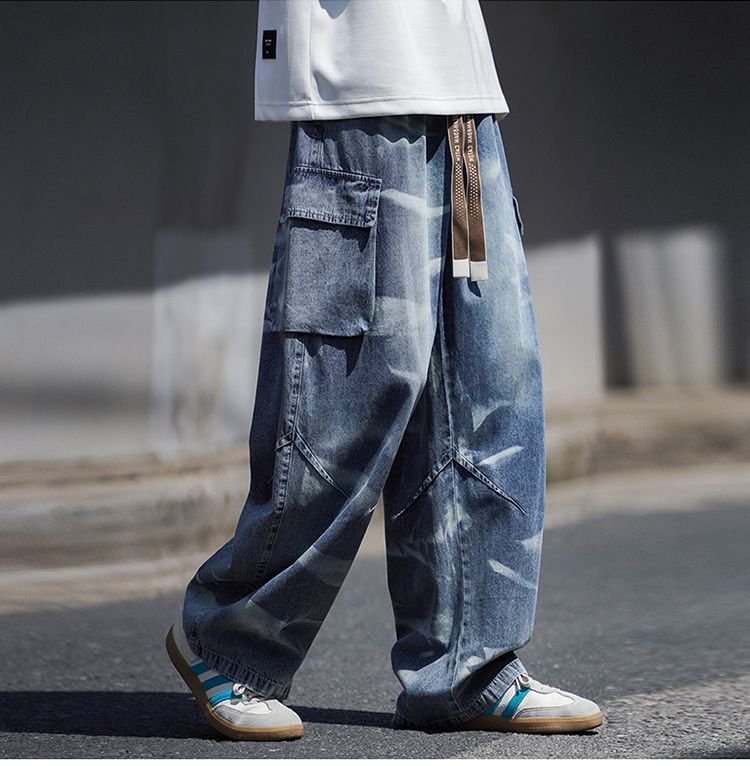 Men's Vintage Light Blue Jeans Retro High Street Hip Hop Design With Pockets Relaxed Straight Leg_mkmklike.com