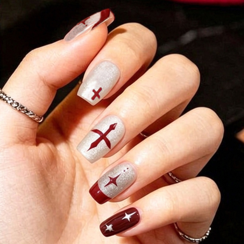 Red Silver Starburst Cross Short Square Wearable Nail Art Retro Personality Wine Red Fashion Cat Eye Wearable Nail Art Stickers Red Silver Starburst Cross Short Square Wearable Nail Art Retro Personality Wine Red Fashion Cat Eye Wearable Nail Art Stickers