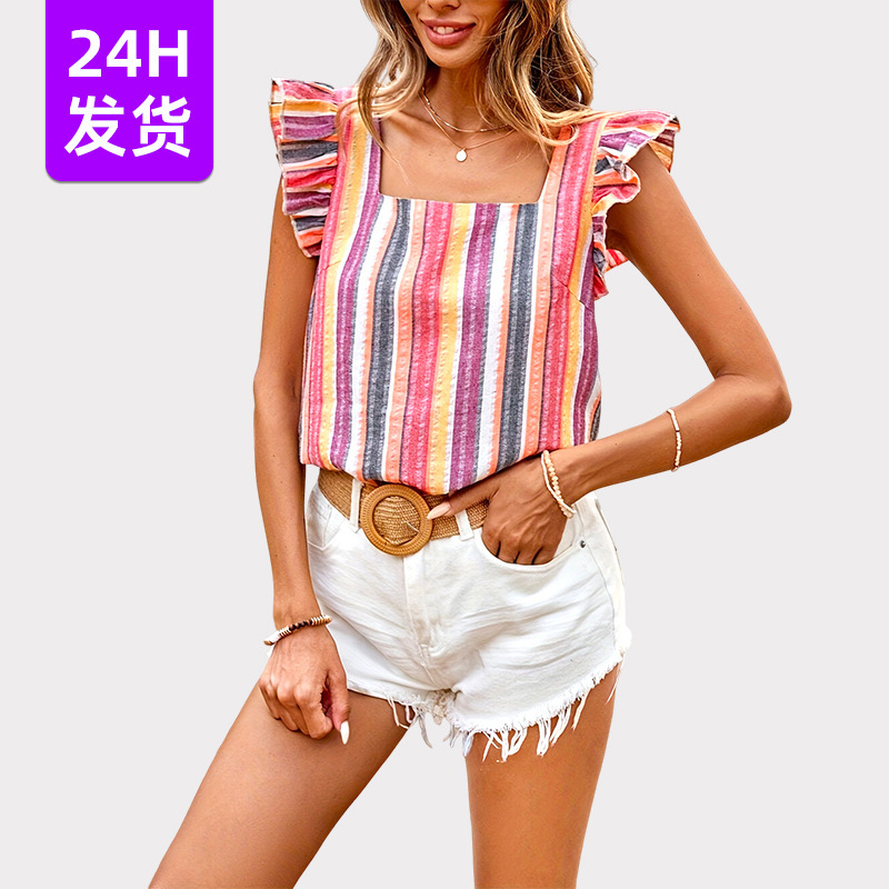 Cross-Border Supply Summer Colorful Striped Square-Neck Top, Ruffled Sleeveless Loose Versatile Shirt, Foreign Trade Women's Clothing