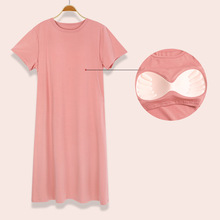 粘纤棉睡裙女夏薄款凉感短袖半袖长裙家居服加大码带胸垫bra RC